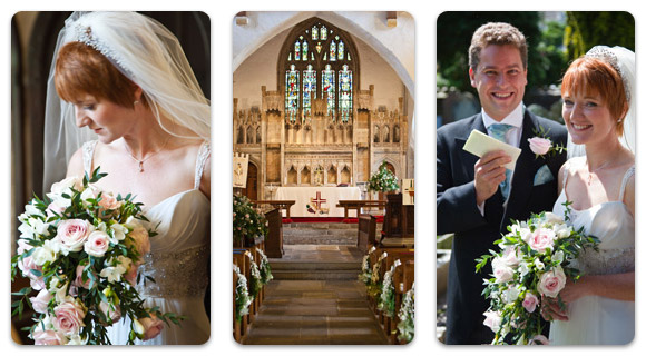 The bride, church and married couple