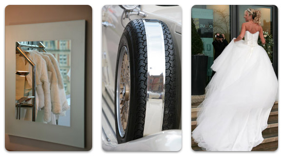 Contemporary mirrors, cars and gowns